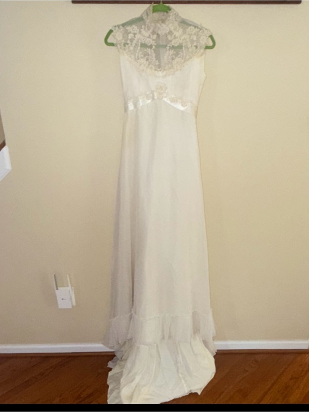 White Lace-Detail Long Nightgown with Satin Trim